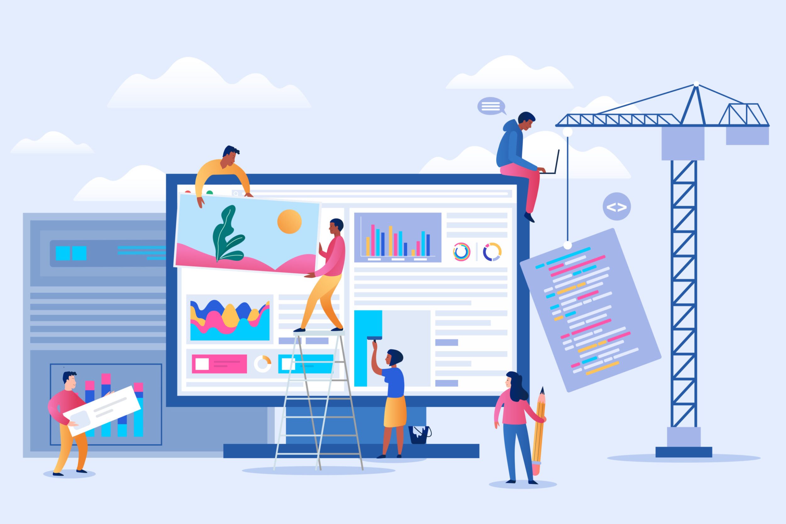 Under construction landing page Professional team working on the project with teamwork Maintenance page 404 error UI mobile application concept vector illustration | 株式会社一創